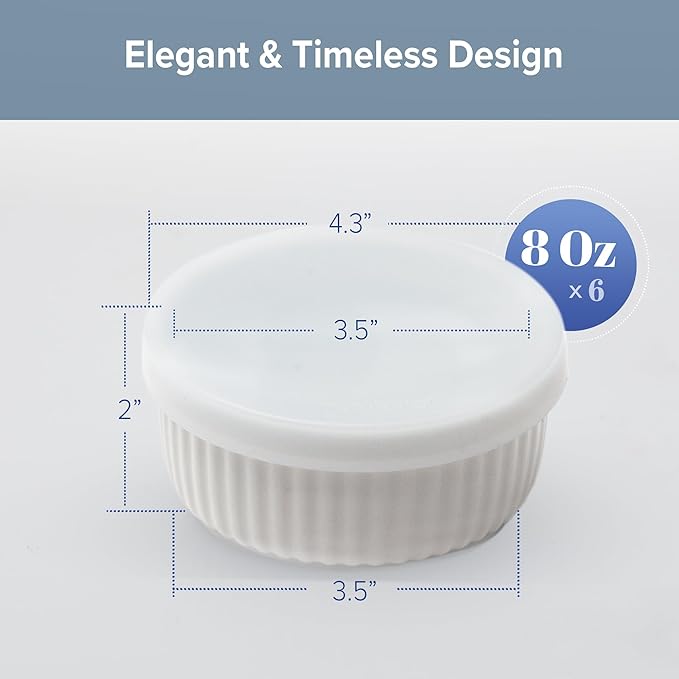 Nuwave 6pc Ceramic Ramekins w/Lid 8oz, Classic Elegant Style Ramekins, Bake Souffles, Creme Brulées, Custards, Puddings, 4.3” Wide & 2” Tall, Oven, Microwave & Dishwasher-Safe, PFAS Free, Ivory White