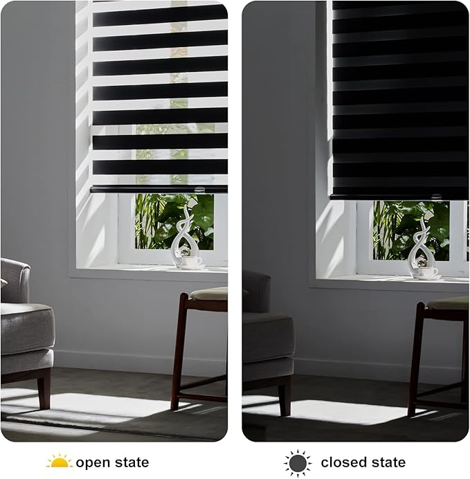 Persilux Cordless Zebra Blinds for Windows Free-Stop Roller Windows Shades (34" W X 47" H, Black) Dual Layer Light Control for Day and Night, Light Filtering Sheer Shades for Home, Easy to Install