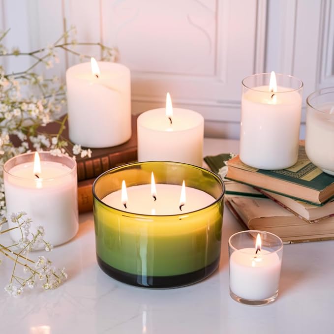 CONNOO 24oz Olive Green Candle Jars 6 Pack, Multi-Wick Wide Mouth Empty Glass Containers for Making Candles with Airtight Bamboo Lids, Sticky Warning Labels, Wick Kit - Dishwasher Safe