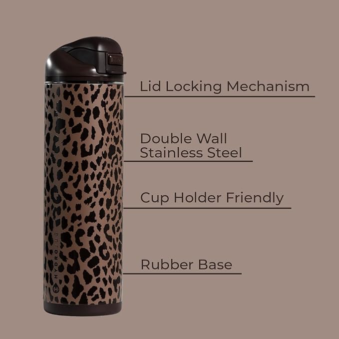 HydroJug Ease2o Water Bottle with Straw & Chug Lid, Stainless Steel, Vented Cap to Help Reduce Pressure, Water-Level Window, Cup Holder Friendly, Non-Slip Base – 24oz, Brown Leopard