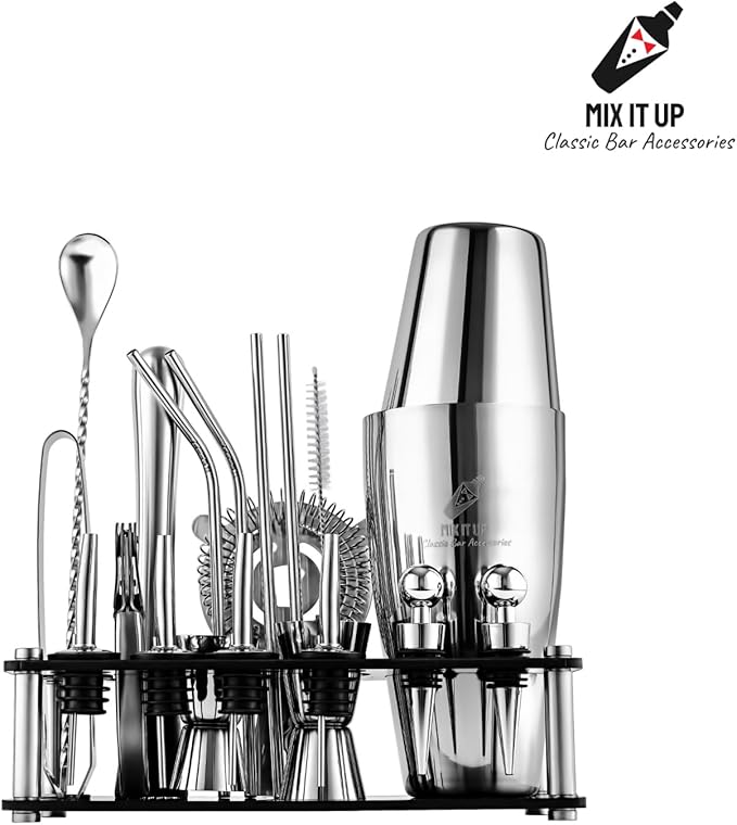 Bartender Cocktail Mixing Kit, Silver Barware Set, Professional Bar Tools with Bottle Opener and Shaker
