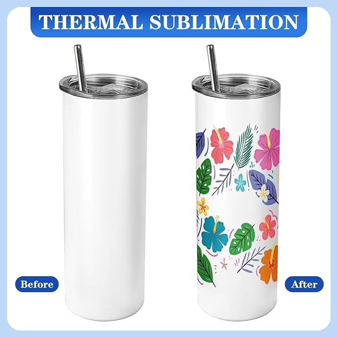 Joyclub 1 Pack Sublimation Tumbler 20 oz Bulk Blank Tumblers Skinny Straight Flat Bottom Cups White with Lid and Straw