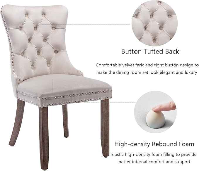 Beige Velvet Dining Chairs Set of 6, Upholstered Dining Room Chairs with Back Ring Pull Trim and Solid Wood Legs, Tufted Wingback Kitchen Chairs for Dining Room,Living Room,Kitchen(Beige)