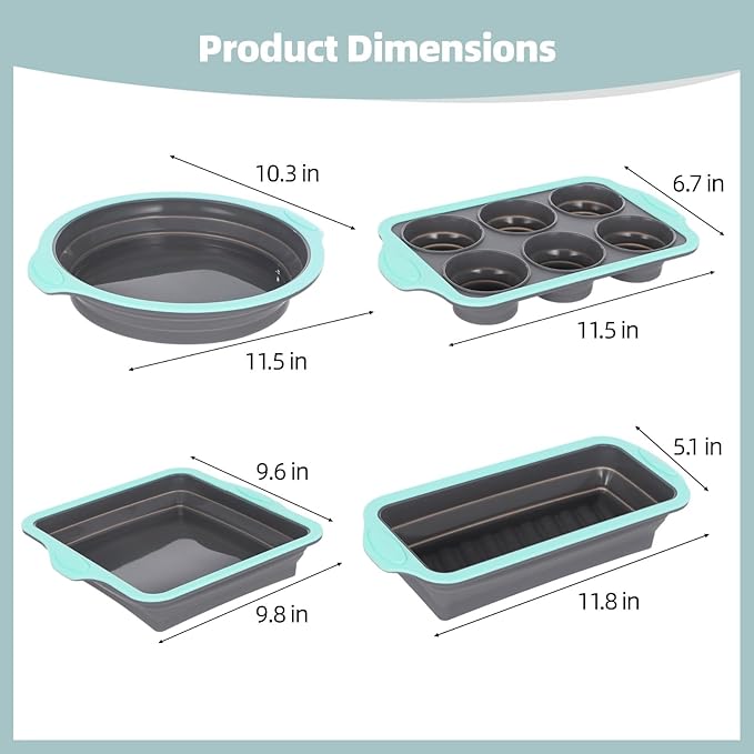 4PCS Silicone Baking Pan Set, Stackable Nonstick Baking Pans Set with Long-lasting Grip Handles & Metal Reinforced Frame, Kitchen Baking Kit for Baking Muffin, Loaf, Round & Square Cake Pans