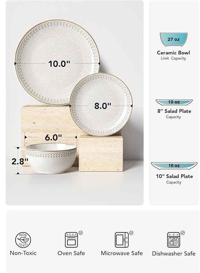 LE TAUCI Dinnerware Sets for 6, 18 Piece Plates and Bowls Sets, Ceramic Kitchen Dish Set, Chip Resistant, Microwave & Dishwasher Safe, Reactive Glaze Beige (8"&10" Plate, 27oz Bowl)