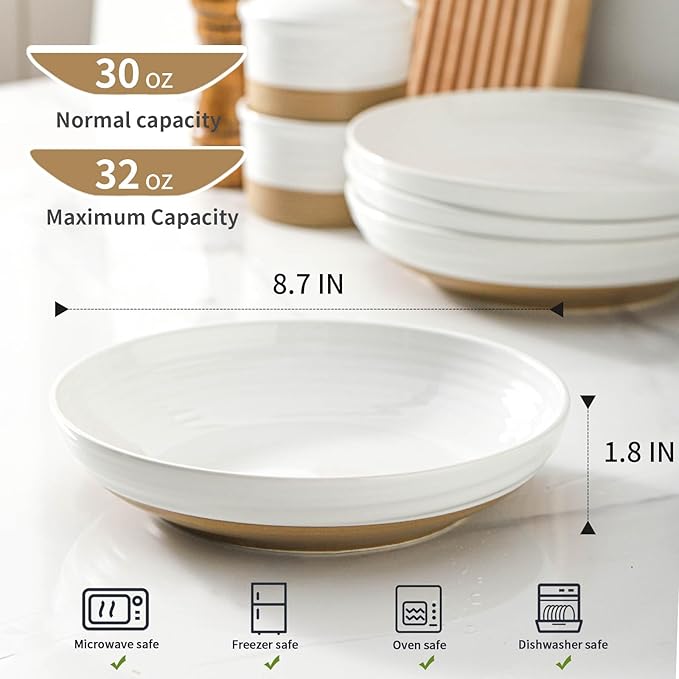 Hasense Ceramic Pasta Bowls, 32 Ounce Serving Bowls for Kitchen, 8.7 Inch White Bowls Set for Furit, Salad, Pasta - Shallow Soup Bowls Set of 2, Dishwasher & Microwave Safe