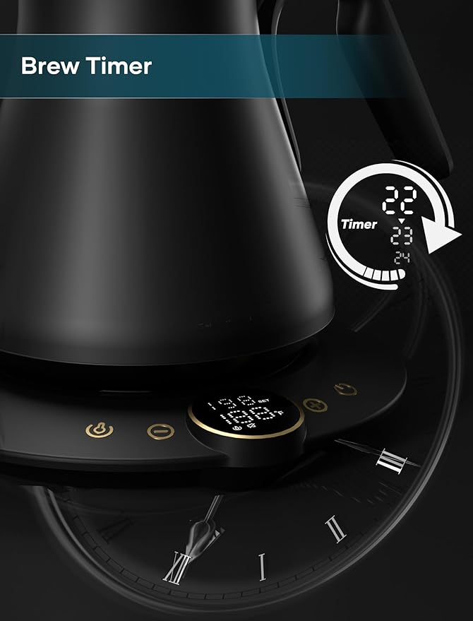 INTASTING Gooseneck Electric Kettle with ±1℉ Temperature Control for Pour Over Coffee & Tea, Quick Heating, BPA-Free Stainless Steel, Built-in Brew Timer, 1500W/0.9L (Black Walnut)