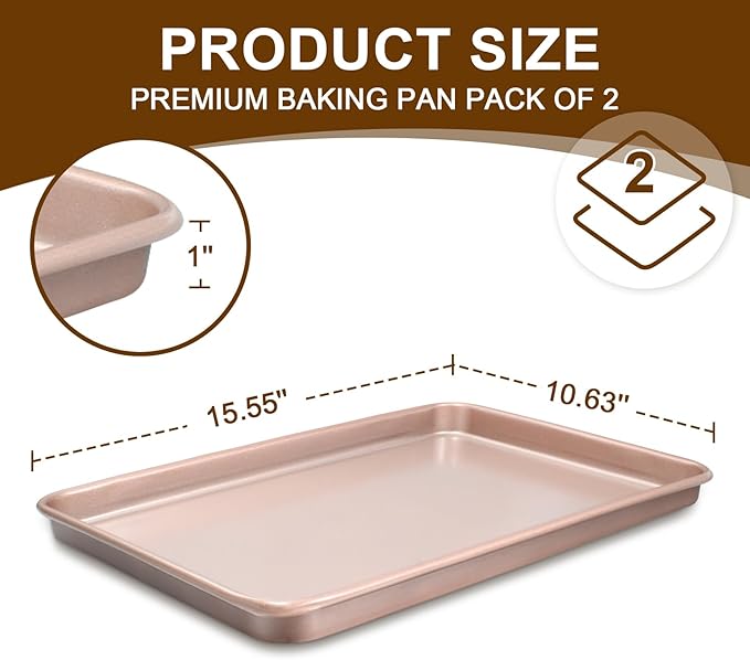 Wildone 2 Pack Jelly Roll Pan, Nonstick Baking Sheet for Oven, Thicker Carbon Steel Cookie Sheet 15x10 Inch, Heavy Duty & Easy Clean, Rose Gold