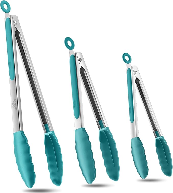 600ºF Heat Resistant Kitchen Tongs, Premium Locking Cooking Tongs with Silicone Tips, Non-Slip Food Tongs for Cooking, Non-Stick, Heavy Duty Stainless Steel Handle, Set of 3-7" 9" and 12" Aqua Sky