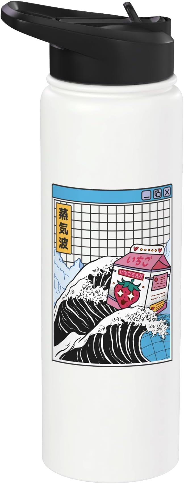 Strawberry Milk Carton Great Wave Kawaii Vaporwave Anime Stainless Steel Insulated Water Bottle