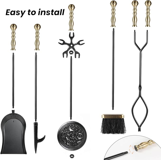 5 Pieces Fireplace Tools Sets Wrought Iron Firewood Kit with Handle Durable Tool Set and Holder for Fire Pit Stand Indoor Tong Shovel Poker Brush Firewood Accessories (Brass)