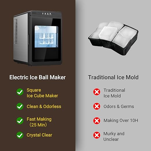 Crystal Clear Ice Cube Maker Countertop, 1.6" Large Square Ice Cube, 3Pcs Rapid in 25Mins, 150Pcs/Day, 24H Timer, Self-Cleaning Ice Maker with Adjust Ice Cube Size for Cocktails, Whiskey & Bourbon