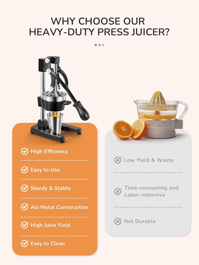 QCen Professional Cast Iron Manual Juicer, Heavy Duty Citrus Press with Stainless Steel Strainer, Easy-to-Clean Hand Squeezer for Orange, Lemon, Lime and Grapefruit - Black (Black)