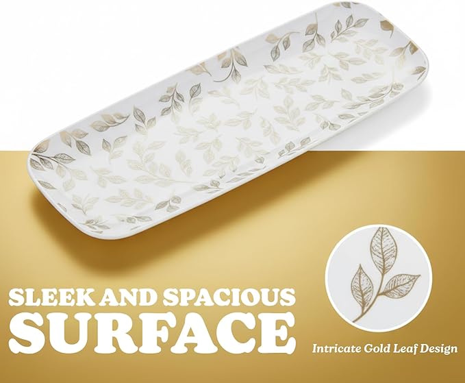 Rectangle Gold Leaves White Serving Tray (2-Pack) - 17.5" Disposable Serving Platter for Appetizer, Fruits & Serving Dishes | Perfect Plastic Tray for Party Serveware