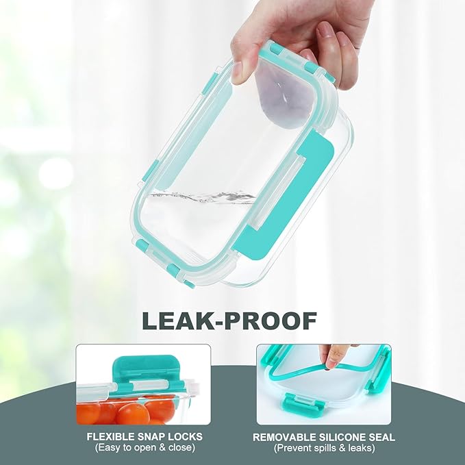 KOMUEE 10 Packs 22 oz Glass Meal Prep Containers, Glass Food Storage Containers with Lids, Airtight Lunch Boxes BPA Free, Microwave and Freezer Safe, Green