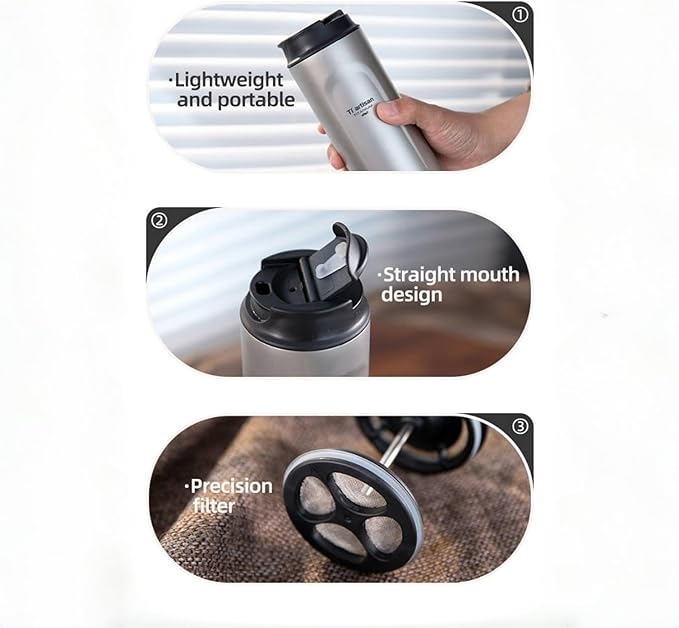 Titanium Water Bottle French Press Pot Milk Frother Coffee maker Coffee cups 16.23fl oz | Double Layer Thermal Insulation | Leakproof & Packable for Travel & Sports | (Grey)