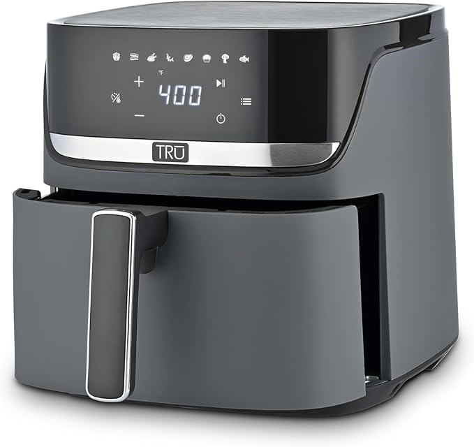 TRU 8-Quart Digital Air Fryer by Select Brands - Family Size, One-Touch Control, 8 Presets - Air Fry Chicken, Meat, Veggies, Fries - Nonstick Pot and Crisping Tray, Auto Shut Off, Matte Gray