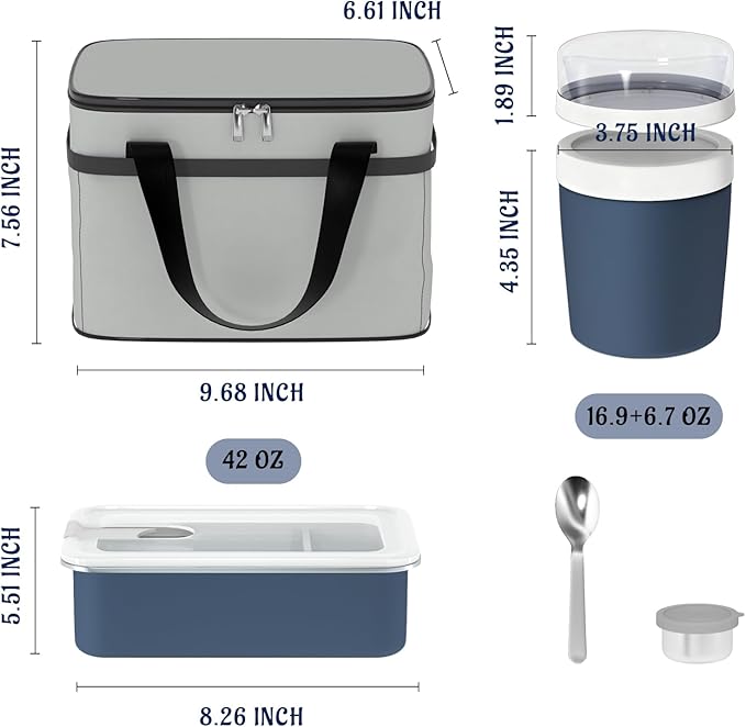 Bakpoco Stainless Steel Bento Lunch Box Set for Adult - 42oz Leak-Proof Bento Lunch Box Container with Thermo, Insulated Bag for Work Travel Dining Out