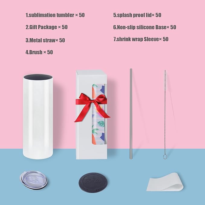 50 Pack 20oz Sublimation Tumblers Bulk, Sublimation Tumbler Blank, Skinny Straight Stainless Steel Blanks Cups with Individual Box(50, 20OZ)