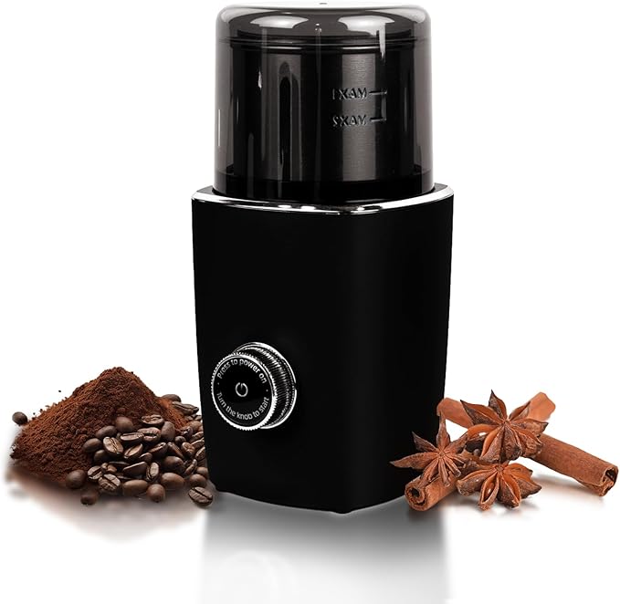 Electric Coffee Grinder for Coffee Beans, Spices and Herbs, Adjustable Grind Fineness, 1.8 oz Capacity, Hands-Free Operation, Leak-Proof Design, Odor-Free, Detachable and Easy to Clean, Black