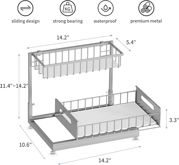 Saydear Under Sink Organizer Storage 2-Tier Premium Metal Pull-Out Kitchen Cabinet Organizer with Sliding Drawer, Height Adjustable, Heavy Duty for Kitchen & Bathroom Organizers 1 Pack Grey