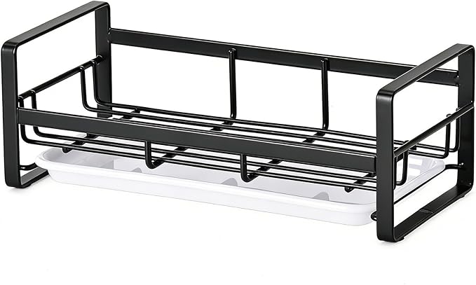 HULISEN Large Sponge Holder, 304 Stainless Steel Kitchen Soap Dispenser Caddy Organizer, Countertop Soap Dish Rack Drainer with Removable Drain Tray, not Including Dispenser and Brush, Black