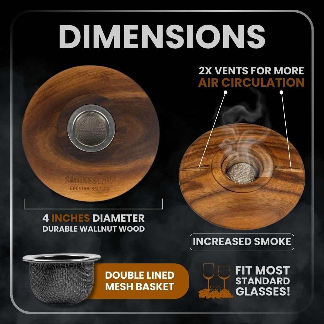 Premium Walnut Wood Cocktail Smoker with One 4 oz Tin of Wood Chips. Great for Whiskey & Old Fashion. Coated in Safe Food Natural Beeswax, Non-toxic Top by Smokeshow (Mesquite)