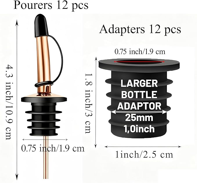 12-Pack Liquor Bottle Pourers with Adapters, Liquor Pour Spout Adapters set for for Large Oil Olive Bottles and Liquor Bottles - Up to 1 Inch/25mm Neck Converts Spout into a Large Pour Spout,Rose Gold