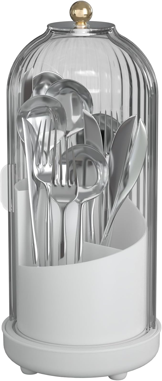 Cutlery holder with cover,Internally rotatable, Plastic Cutlery Storage Organizer for Kitchen Cabinet or Pantry - Basket Organizer for Forks, Knives and Spoons. With cover. White ﻿
