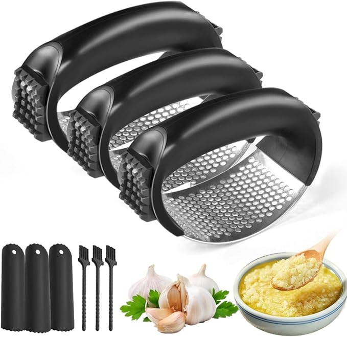 Stainless Steel Garlic Press Rocker, 2025 New Garlic Mincer and Garlic Crusher, Easy-Squeeze Garlic Tool with Peeler and Cleaning Brush for Smashing Garlic (3 Set)