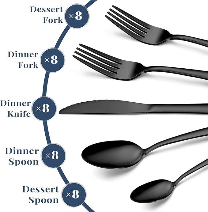 Hunnycook Silverware Set - 40PCS Stainless Steel Silverware Set for 8, Includes Forks Spoons and Knives, Utensil Sets for Home Kitchen Restaurant, Dishwasher Safe, Black