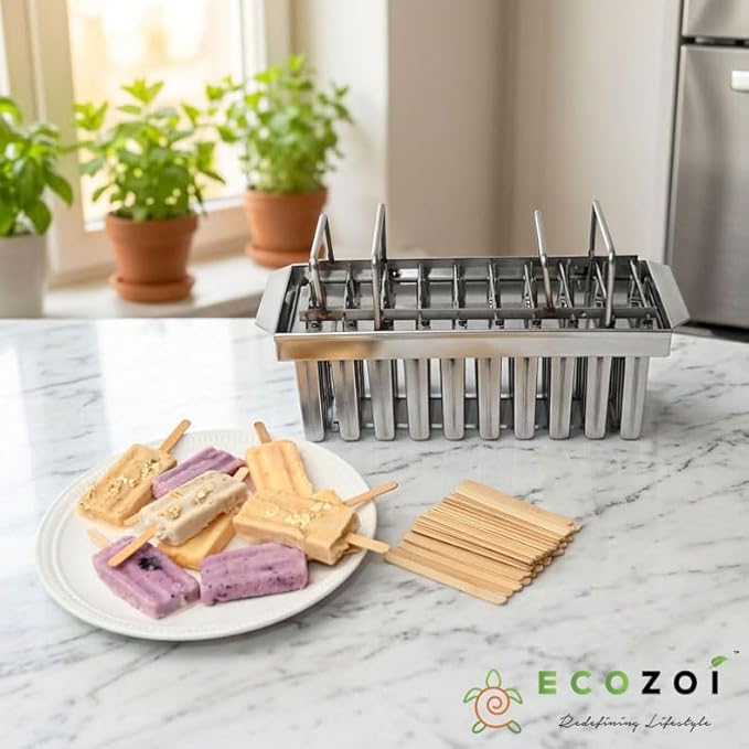 Ecozoi Stainless Steel Popsicle Molds, 20 Piece Set with Standing Rack, 50 Reusable Bamboo Sticks, 40 Silicone Sleeves, Plant Based Cleaning Brush