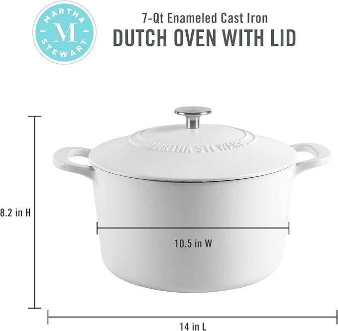 MARTHA STEWART Gatwick 7-Quart Enamel Cast Iron Dutch Oven Pot with Lid – Matte White – Durable Heavy-Duty Dutch Oven for Slow Cooking, Braising & Baking