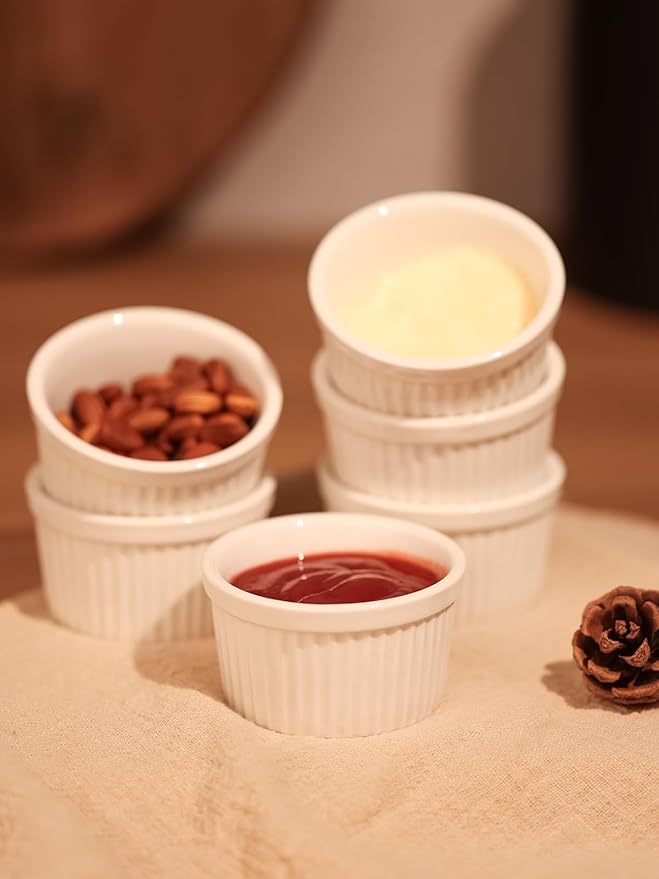 2.5 oz Ramekins 6 pcs Porcelain Ramekins Dishes for Souffle,Creme Brulee, Pudding, Custard Cups,Bakeware Bowls Set for Baking,Oven Safe, White 2.5 inch