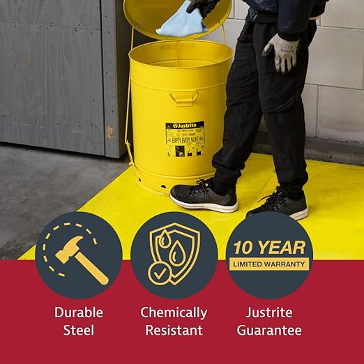 Justrite 21 Gallon Galvanized Steel Oily Waste Can, 23.5" x 18" Metal Oil Rag Safety Can with Foot Operated Self-Closing Lid for Oil Rag Disposal, Made in The USA, Yellow, 09701