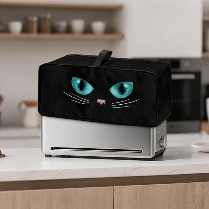 Black Cover for 2 Slice Slim Toaster Cat Face Toaster Cover 2 Slice Long Slot, Heat Resistant Lightweight Small Appliance Covers, Easy to Clean Bread Machine Protector