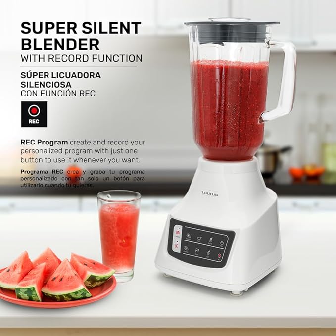 Taurus Potenza Comfort Blender, 1050W, 1.5L Glass Jar, Up to 50% Less Noise, Stainless Steel Blades, 9 Speed Settings, Quiet Powerful Blender for Smoothies, Ice, and Frozen Drinks