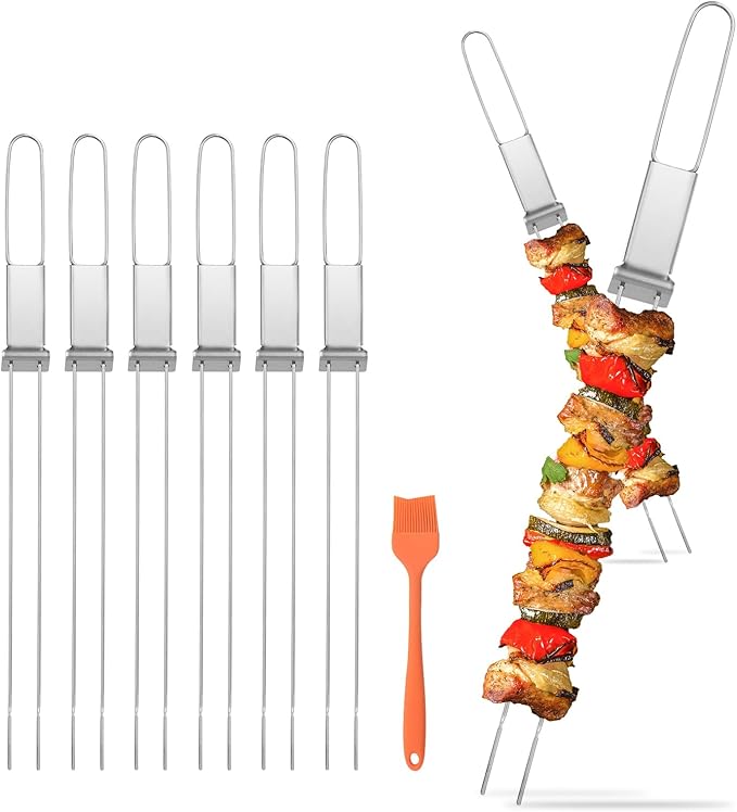 Skewers for Grilling - 13" Kabob Skewers with Push Bar Double Pronged Anti-Roll Metal Skewer for Kabobs, Stainless Steel Reusable BBQ Skewer for Grilling,Ideal for Meat Shrimp Vegetable 6pcs