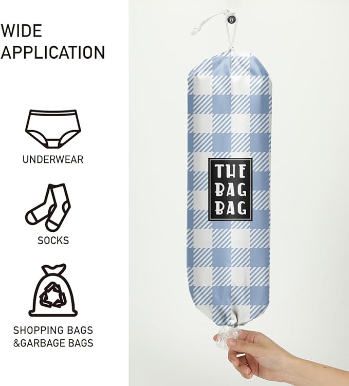 Plastic Bag Holder,Reusable And Washable Grocery Bag organizer,for Home Kitchen Travelling Camping Decor, use 1 Pack, Blue And White Checkered Pattern