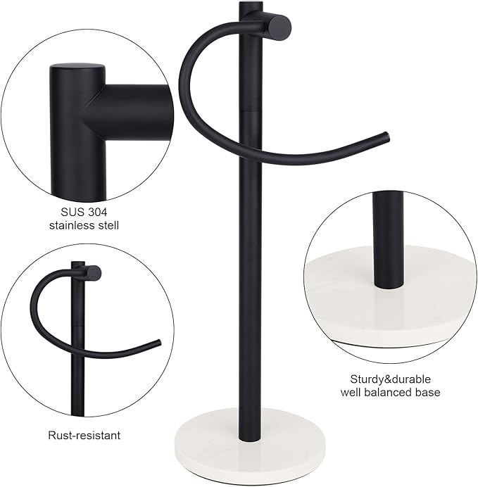 19 inch Matte Black Hand Towel Holder Stand ,Hand Towel Bar Bathroom Vanity Countertop Towel Holder Free Standing,Stainless Steel Towel Ring Hardware Accessories Towel Rack