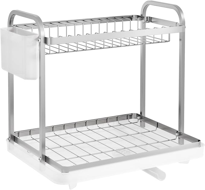 Sakugi 2-Tier Dish Drying Rack - Stainless Steel Dish Rack with Cutlery & Utensil Holders for Kitchen Counter, Sink Organization and Storage for Small Family, 15" W x 11.4" L x 15" H, Silver