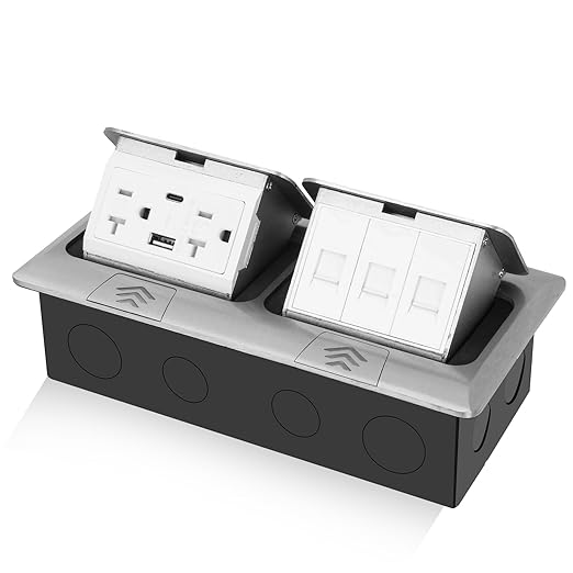 KYHSHJ USB Pop Up Floor Socket Kit with 2 * 20A Receptacle，4.8A 1 USB-A Ports &1 USB-C Port，3-Port RJ45 Datacom Receptacle，Corrosive Resistant Hardware,Silver