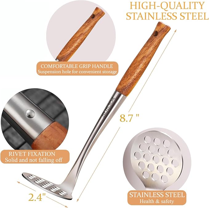 Avocado Masher Stainless Steel Small, Mini Potato Masher, Wooden Handle Potatoes Masher Kitchen Tool for Avocado, Potatoes, Beans, Vegetables, 8.7Inch Metal Mashing Utensil