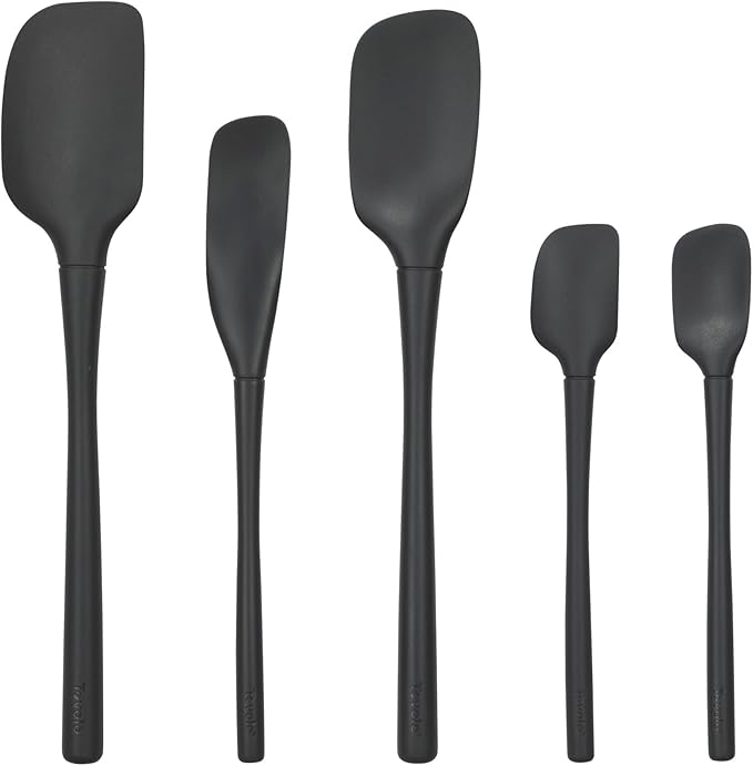 Tovolo Flex Core 5 Piece Silicone Spatula Set Heat Resistant All Silicone Utensils Include Non Stick Spatula Spoonula Jar Scraper, Dishwasher Safe BPA Free Spatulas for Baking Mixing, Black