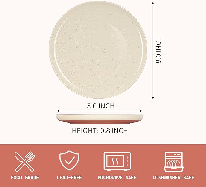 GZG Ceramic Dinner Salad Plates Set of 4, 8 Inch Speckled Dinnerware Dessert Plates with Clay-Tone Base, Microwave Oven Dishwasher Safe