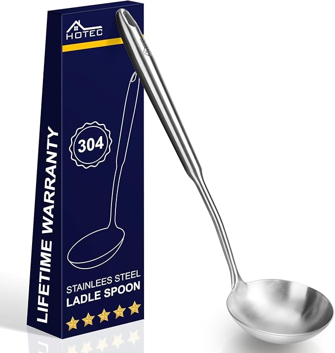 HOTEC Stainless Steel Soup Ladle Spoon 13.7" – Kitchen Ladle for Cooking and Serving, One-Piece 304 Stainless Steel Serving Spoon for Soup, Stew, Gravy, Broth