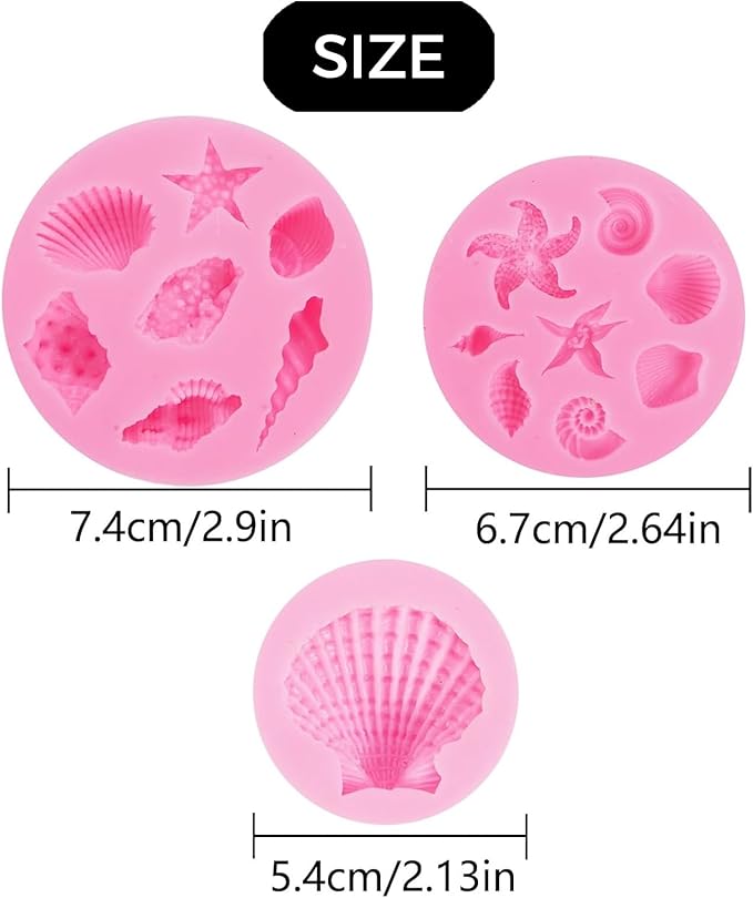 3Pcs Ocean Theme Cake Decorations Kit, Fondant Silicone Molds Set for Seashell, Starfish, Conch, Coral - For Candy, Chocolate, Clay, Resin Crafts