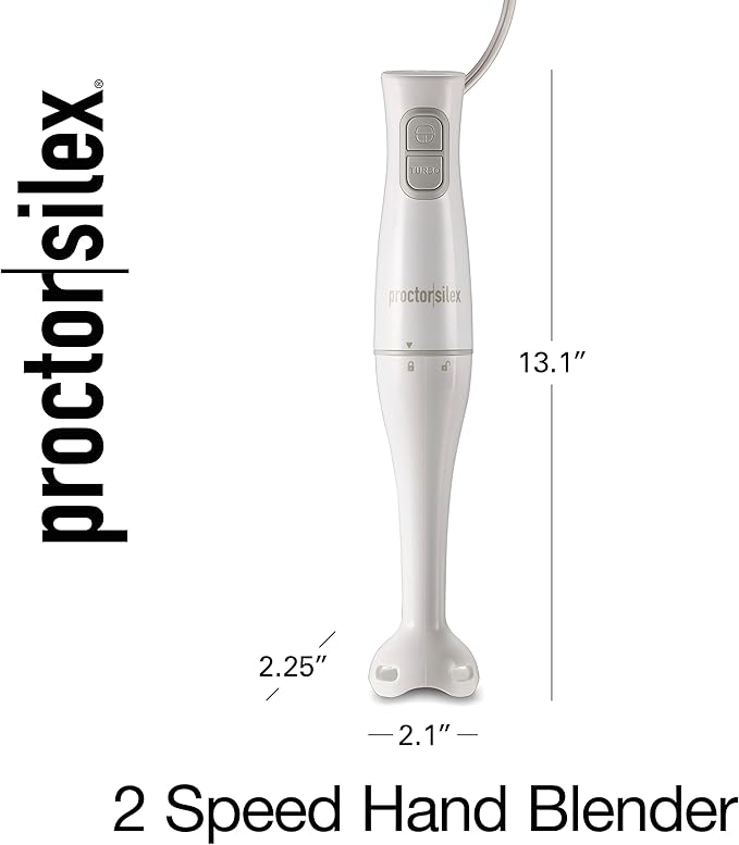 Proctor Silex Electric Immersion Blender with Detachable Dishwasher Safe Handheld Hand Blender Stick, 2-Speeds, 150 Watts, White (59739)