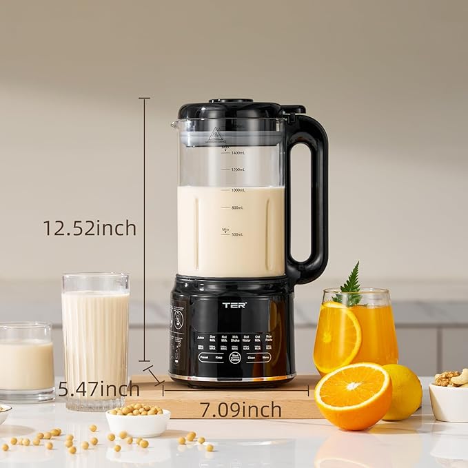 50OZ Nut Milk Maker Machine, TER 10-in-1 Soy Milk Maker for Almond/Oat/Soy Milk, Juice, Milkshake, Rice Paste, Auto Clean/24H Preset Time/12H Keep Warm, with 7 Accessories, Black