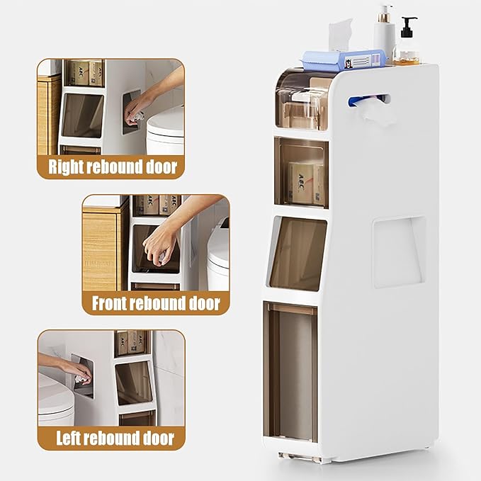 Slim Waterproof Narrow Bathroom Cabinet with Trash Bin Compact Design with Drawers and Toilet Paper Holder Movable Bathroom Organizers for Small Spaces (4Tier/31.5in H)